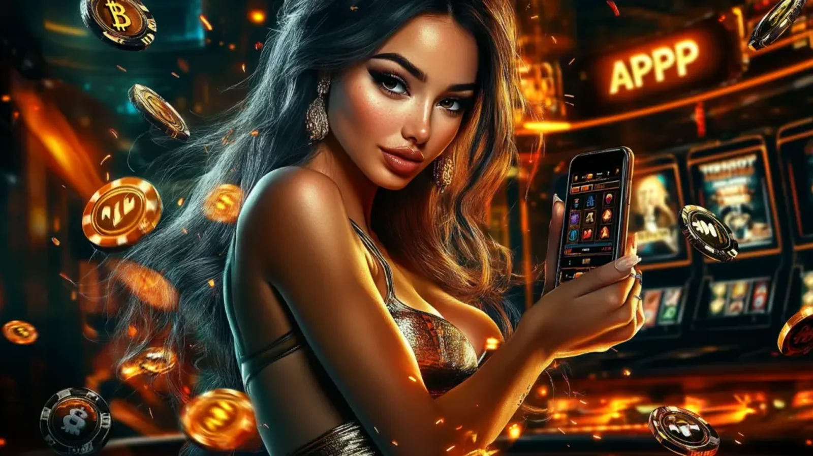 Close-up de uma mulher segurando um smartphone que exibe a palavra APP em letras grandes e brilhantes, com um jogo de caça-níqueis ao fundo