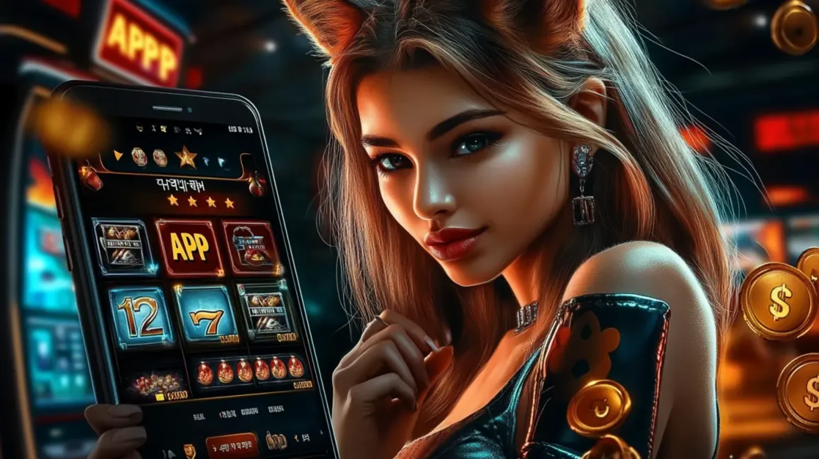 Uma mulher com orelhas de raposa mostrando a tela de um smartphone com um aplicativo de cassino aberto, exibindo jogos de caça-níqueis como 777 e sinos