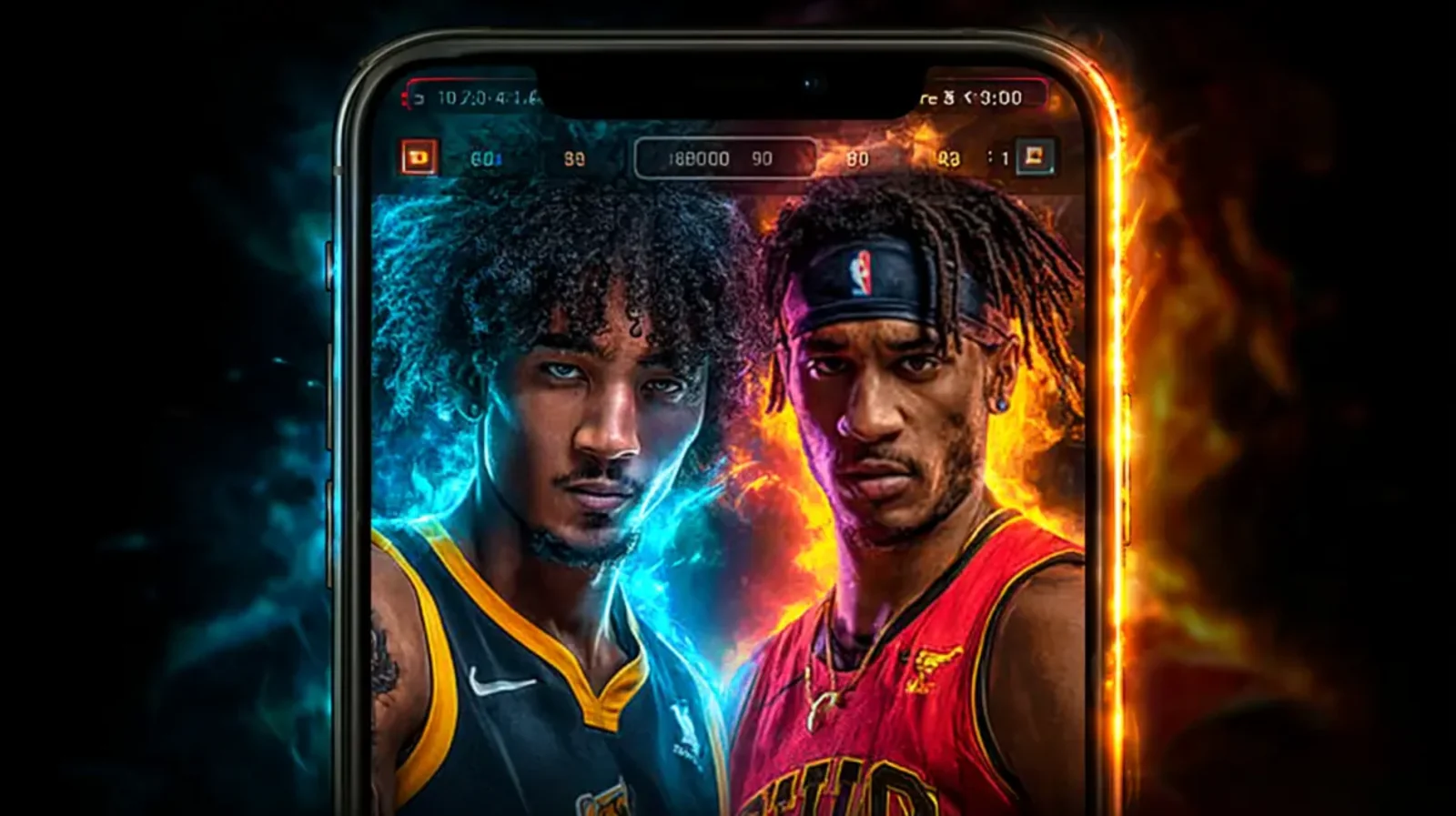 Dois boxeadores musculosos em uma luta intensa, com luvas de boxe vermelhas e azuis, em um cenário com luzes contrastantes, representando as apostas em lutas