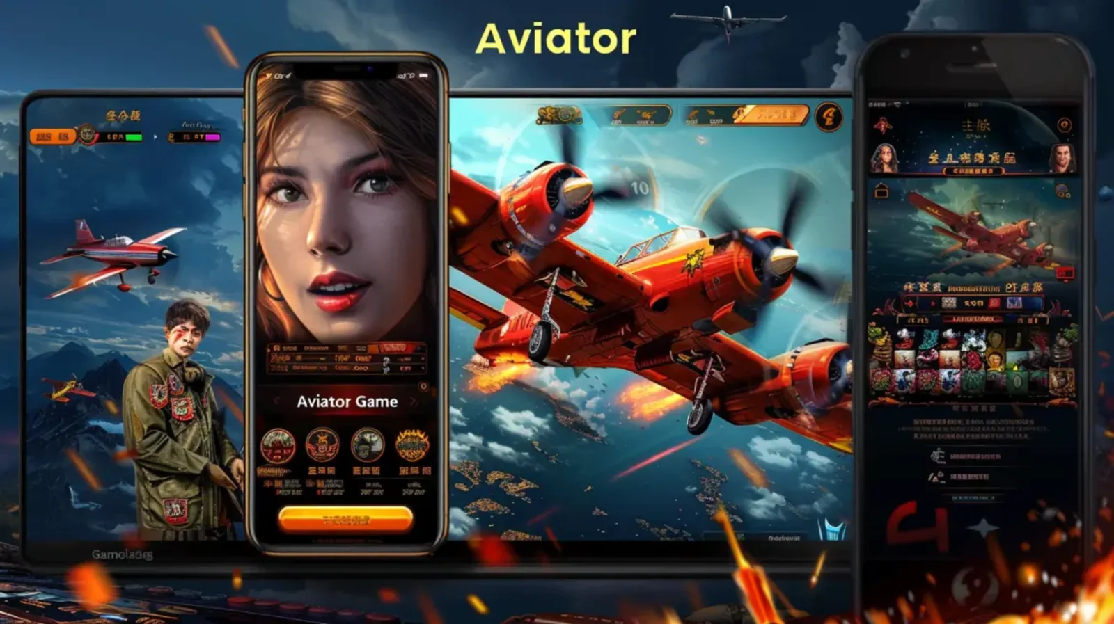 Montagem mostrando a interface do jogo Aviator em vários dispositivos, com um avião vermelho em destaque e telas de aplicativo com a jogabilidade