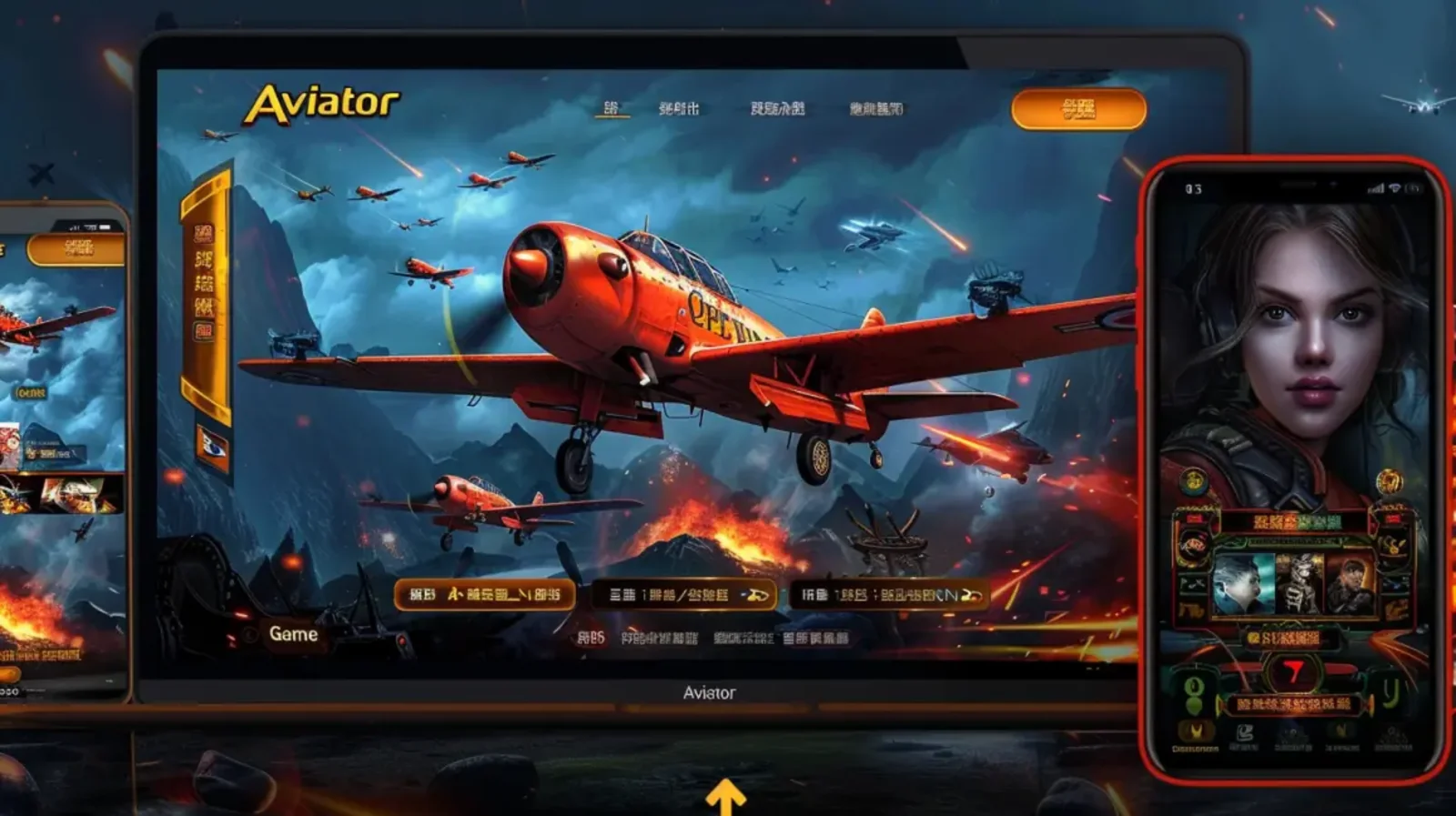 Apresentação do jogo Aviator com um avião vermelho como peça central em uma tela de tablet, e telas de celular mostrando a interface e os personagens