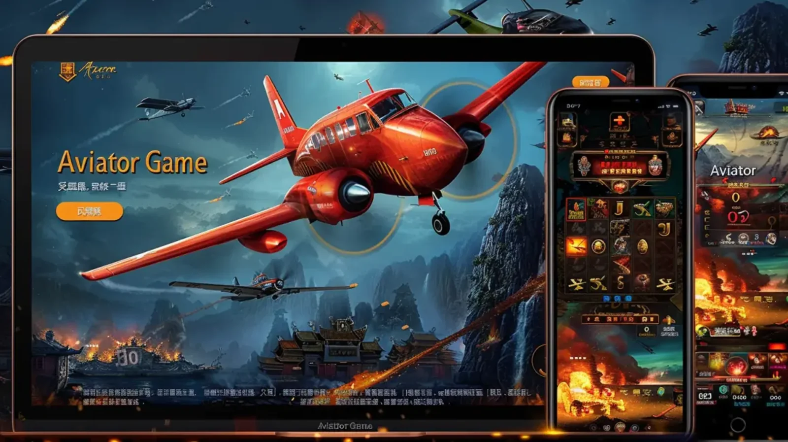 O jogo Aviator Game exibido em um tablet e smartphones, com um avião de hélice vermelho voando sobre um cenário montanhoso, mostrando a interface do jogo