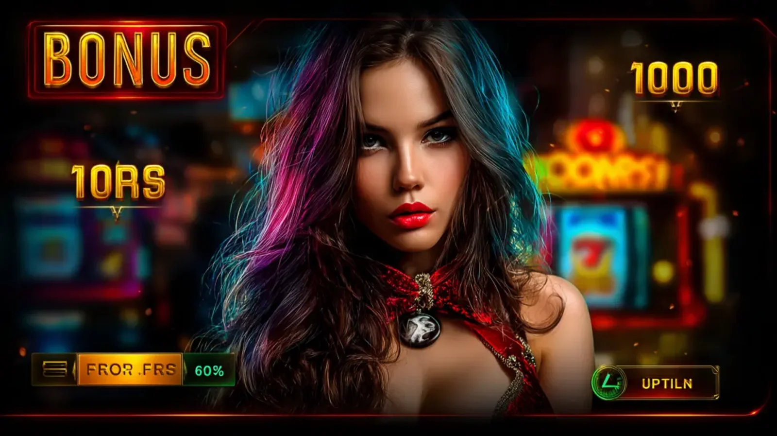 Mulher elegante em um vestido dourado segurando um celular em um cassino com luzes vermelhas, com fichas de pôquer e moedas de Bitcoin flutuando ao redor