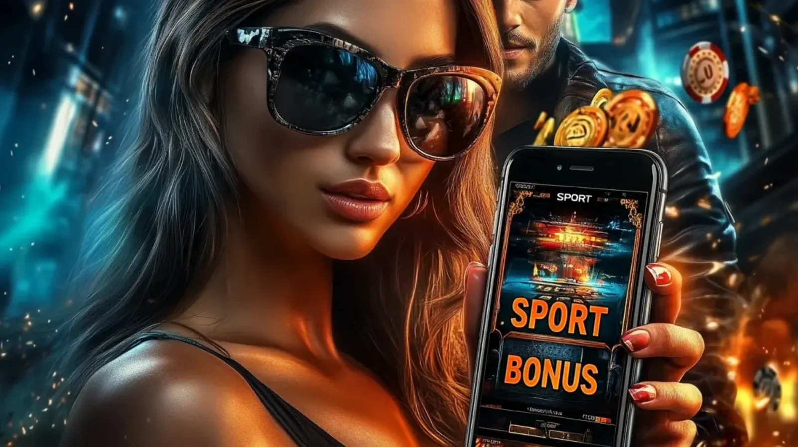 Uma mulher com cabelo colorido em frente a uma interface de jogo que destaca um bônus de 1000 e 10RS, com luzes de cassino desfocadas ao fundo