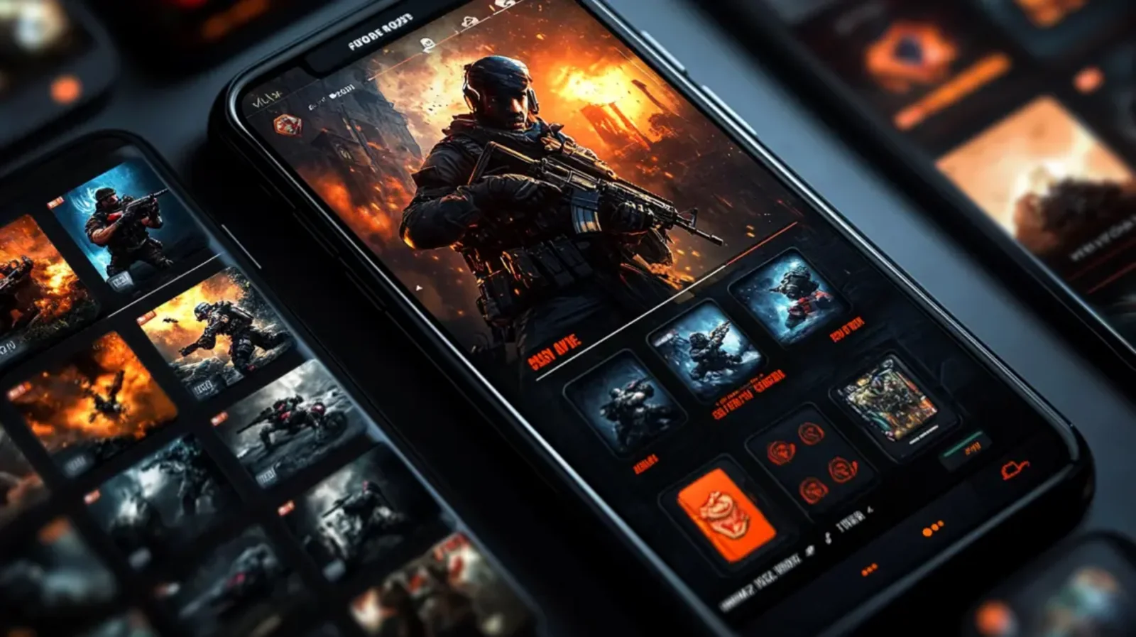 Mulher glamorosa em um cassino iluminado por luzes de néon, segurando um celular com o aplicativo do cassino, enquanto moedas de ouro flutuam ao redor