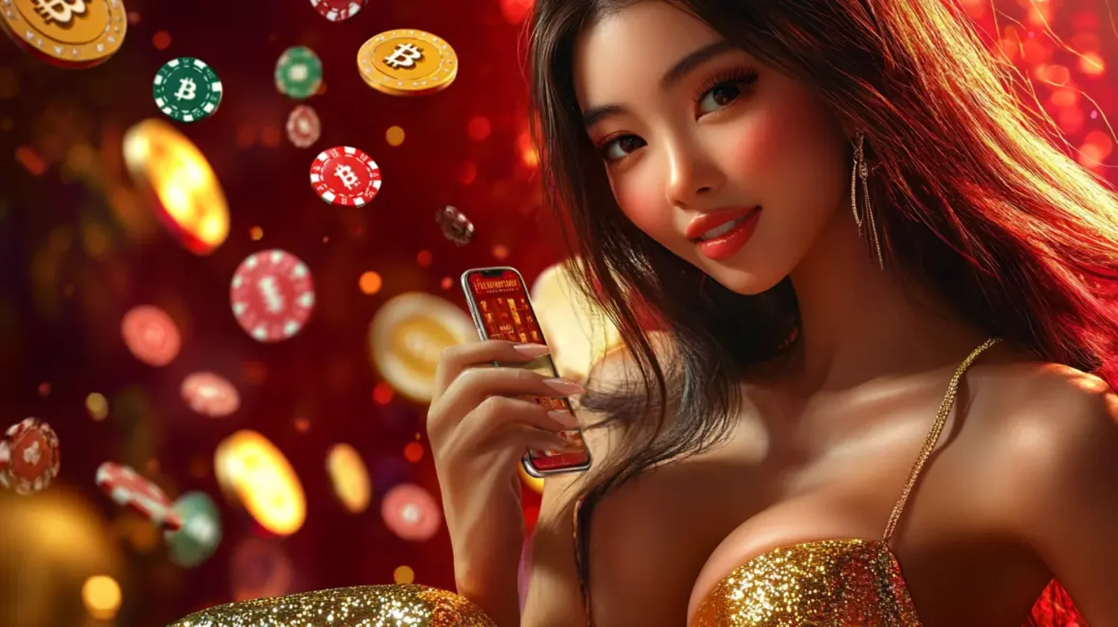 Mulher de cabelo branco e prateado em frente a uma complexa interface de cassino online, com várias opções de jogos e avatares, representando o lobby do cassino ao vivo