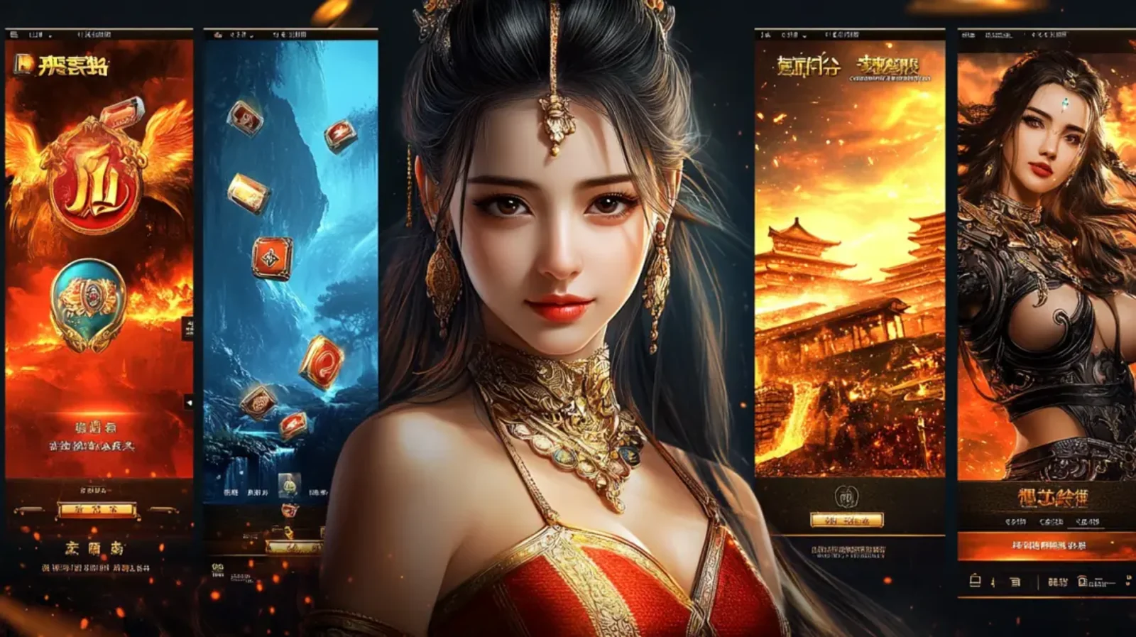 Montagem de uma mulher com trajes asiáticos tradicionais e várias telas de aplicativo de cassino, mostrando a interface de cadastro e os jogos disponíveis