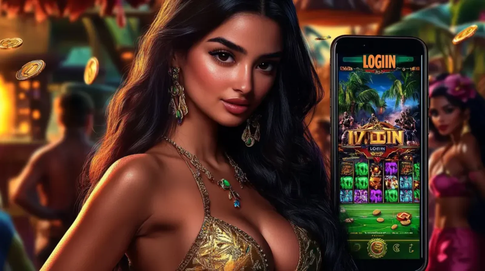 Mulher elegante segurando um smartphone com a tela de LOGIN em destaque, em um cenário de estádio com luzes brilhantes e fogo, simbolizando a emoção do cadastro