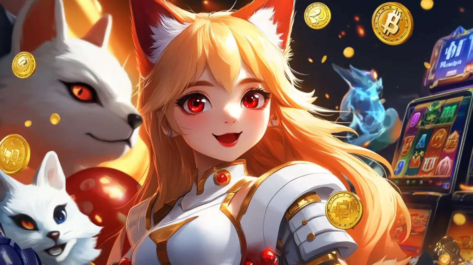 Uma personagem de anime com cabelo laranja e orelhas de raposa, acompanhada por raposas brancas, em um cenário de cassino com moedas de Bitcoin e caça-níqueis