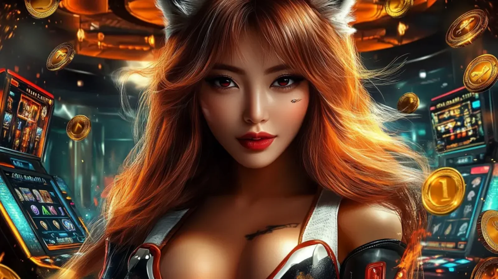 Uma mulher atraente com cabelo ruivo e orelhas de raposa em um ambiente de cassino vibrante, cercada por máquinas caça-níqueis e moedas de ouro flutuantes